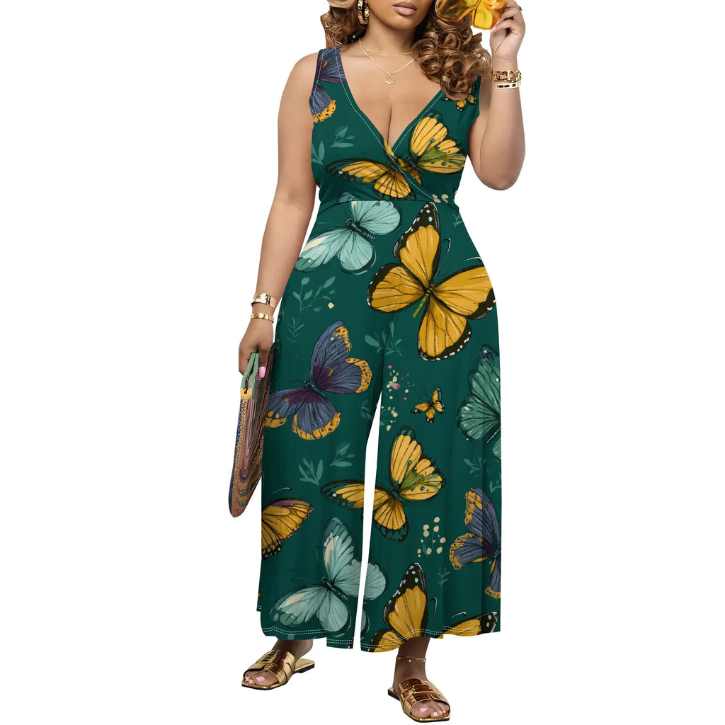 Women's Jumpsuit V Neck Floral Sleeveless Leg Wide Leg Pants Tied One Piece Casual Loose Summer Outfits Rompers