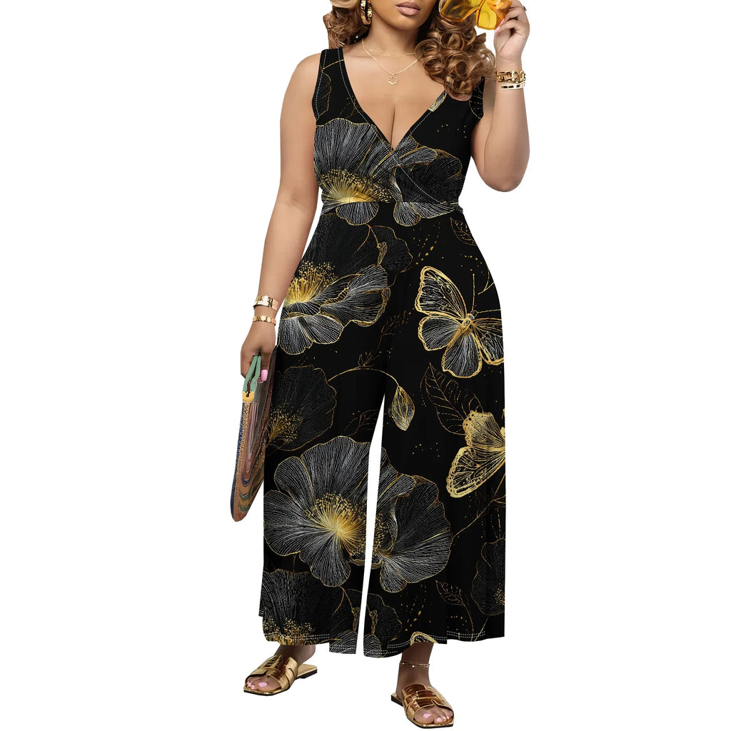 Women's Jumpsuit V Neck Floral Sleeveless Leg Wide Leg Pants Tied One Piece Casual Loose Summer Outfits Rompers
