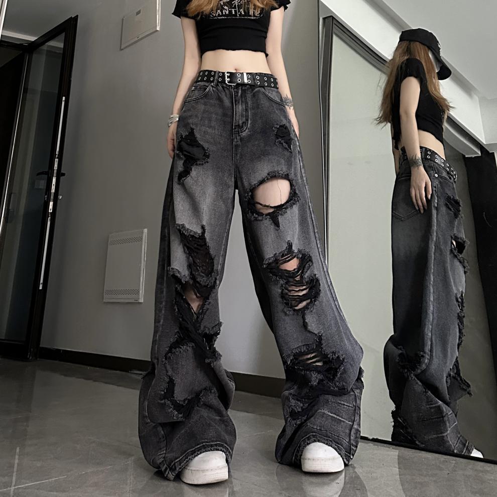 Dark black denim ripped wide leg jeans