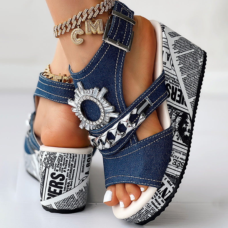 Newspaper Buckle Denim Wedge Slides - Anklet Not Included