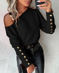 Solid Color Shoulder Collar Button Shirt For Women