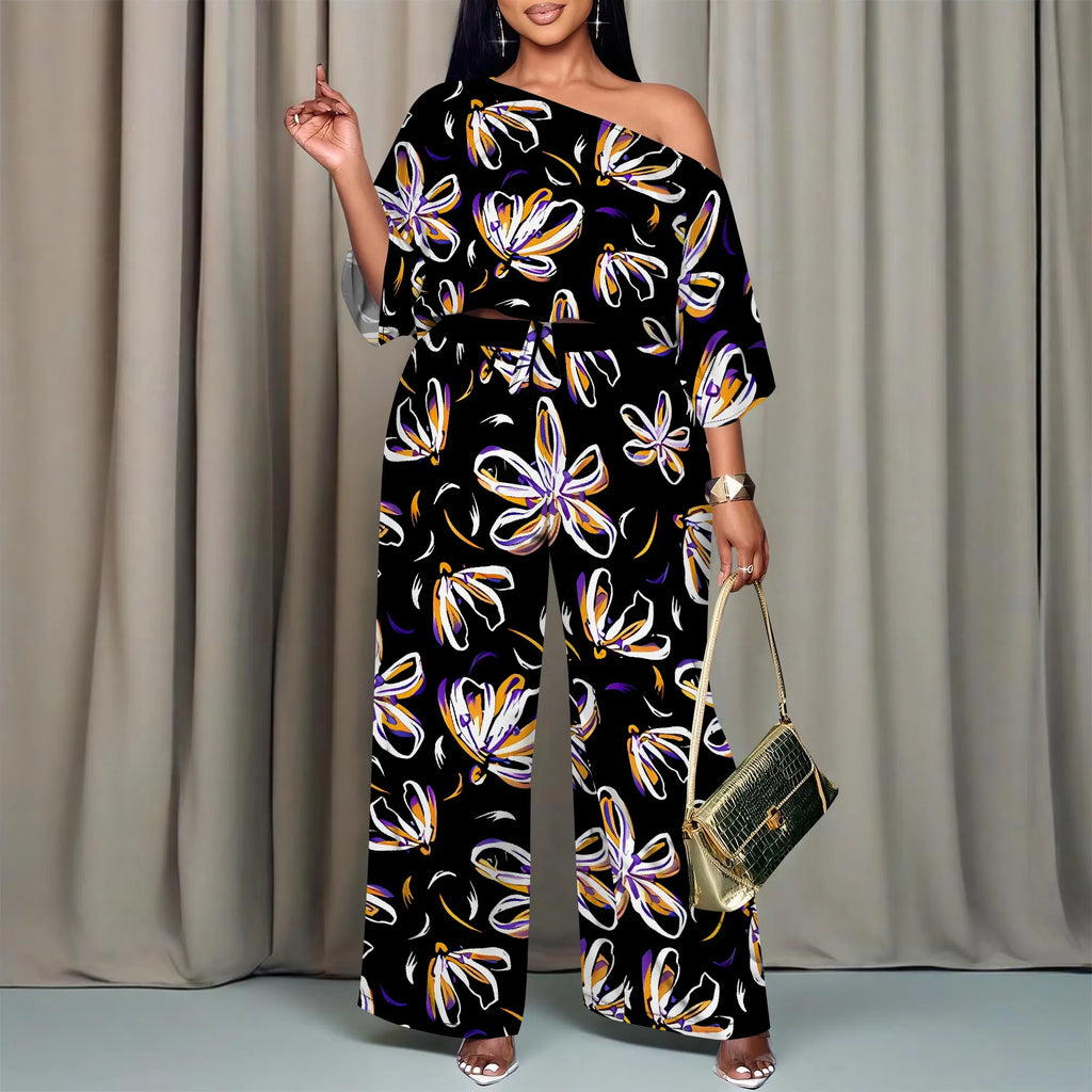Elegant Women Two Piece Set Off Shoulder Top and Wide Leg Pants Abstract Floral Print Casual Outfit Standard Size