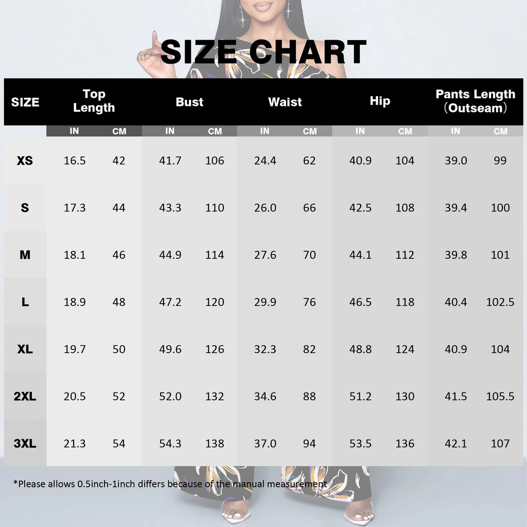 Elegant Women Two Piece Set Off Shoulder Top and Wide Leg Pants Abstract Floral Print Casual Outfit Standard Size