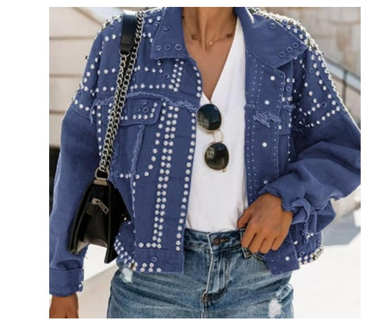 Washed denim rivet jacket street fighter motorcycle style