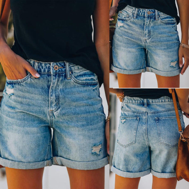 Ladies Denim Ripped Washed Shorts