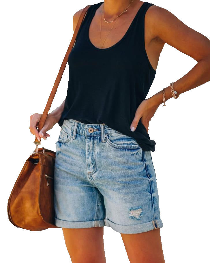 Ladies Denim Ripped Washed Shorts