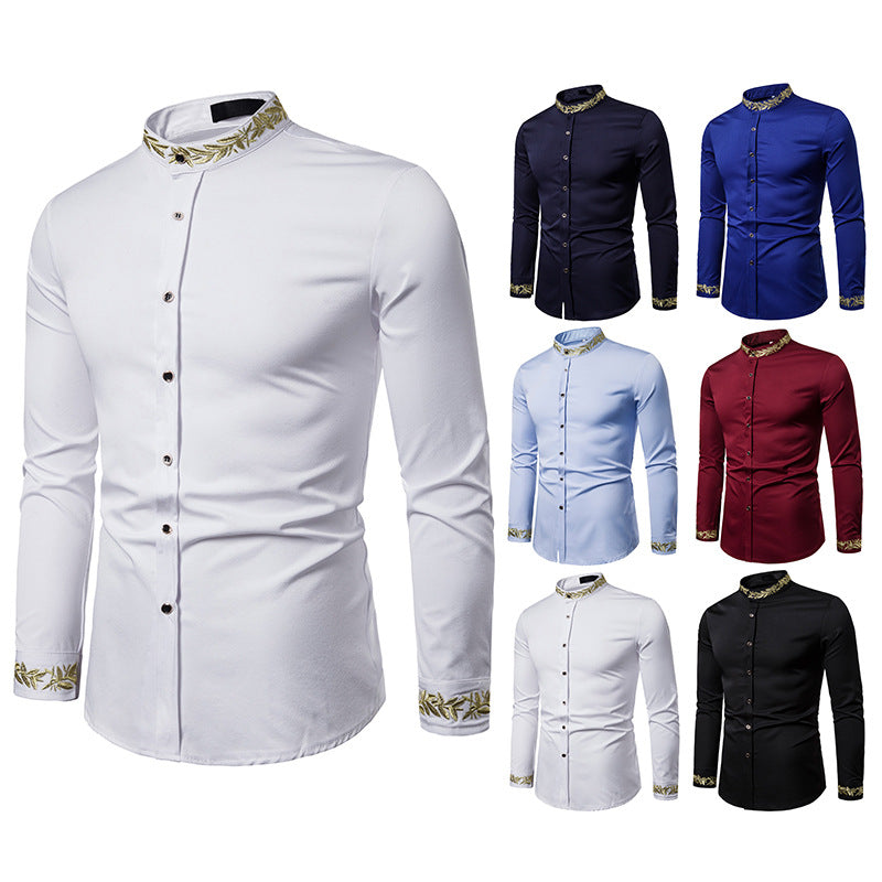 Gold Embroidery  Collar Mens Dress Shirts Casual Slim Long Sleeve Chemise Homme Camisa Masculina