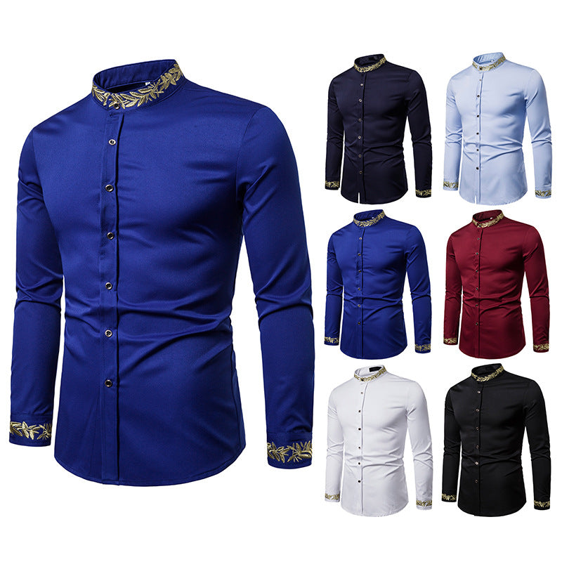 Gold Embroidery  Collar Mens Dress Shirts Casual Slim Long Sleeve Chemise Homme Camisa Masculina