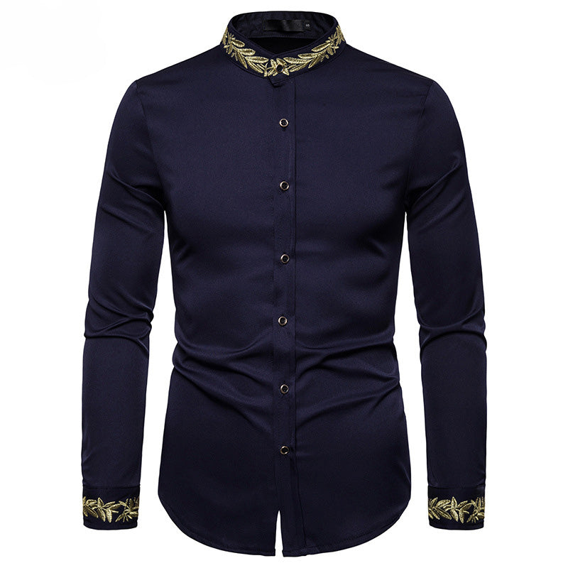 Gold Embroidery  Collar Mens Dress Shirts Casual Slim Long Sleeve Chemise Homme Camisa Masculina