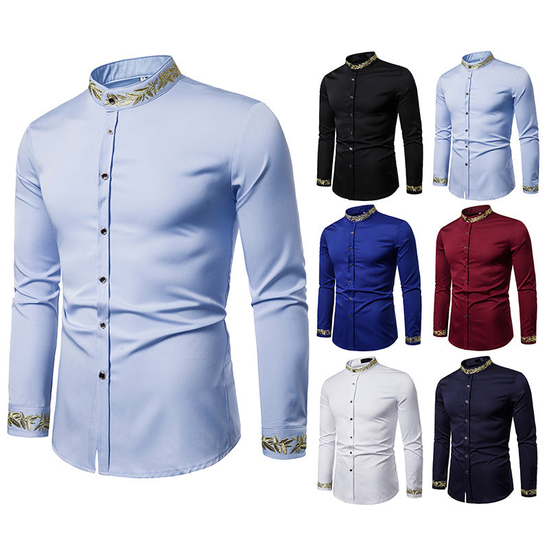 Gold Embroidery  Collar Mens Dress Shirts Casual Slim Long Sleeve Chemise Homme Camisa Masculina
