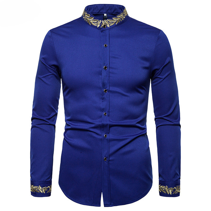 Gold Embroidery  Collar Mens Dress Shirts Casual Slim Long Sleeve Chemise Homme Camisa Masculina