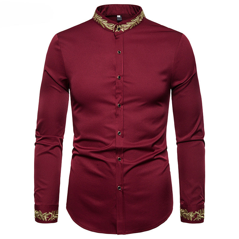 Gold Embroidery  Collar Mens Dress Shirts Casual Slim Long Sleeve Chemise Homme Camisa Masculina