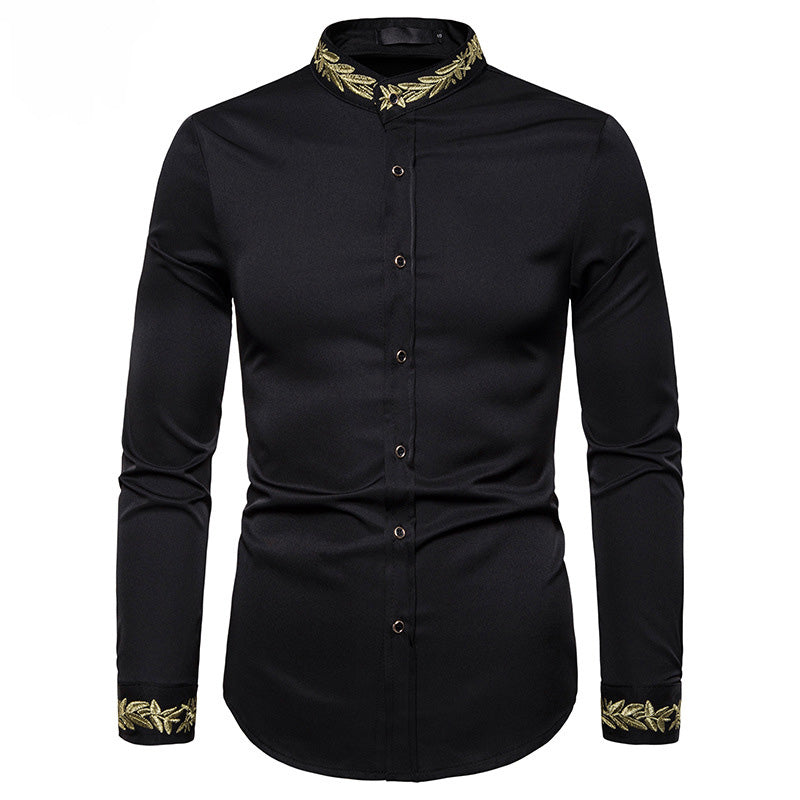 Gold Embroidery  Collar Mens Dress Shirts Casual Slim Long Sleeve Chemise Homme Camisa Masculina