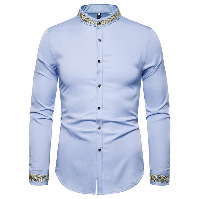 Gold Embroidery  Collar Mens Dress Shirts Casual Slim Long Sleeve Chemise Homme Camisa Masculina