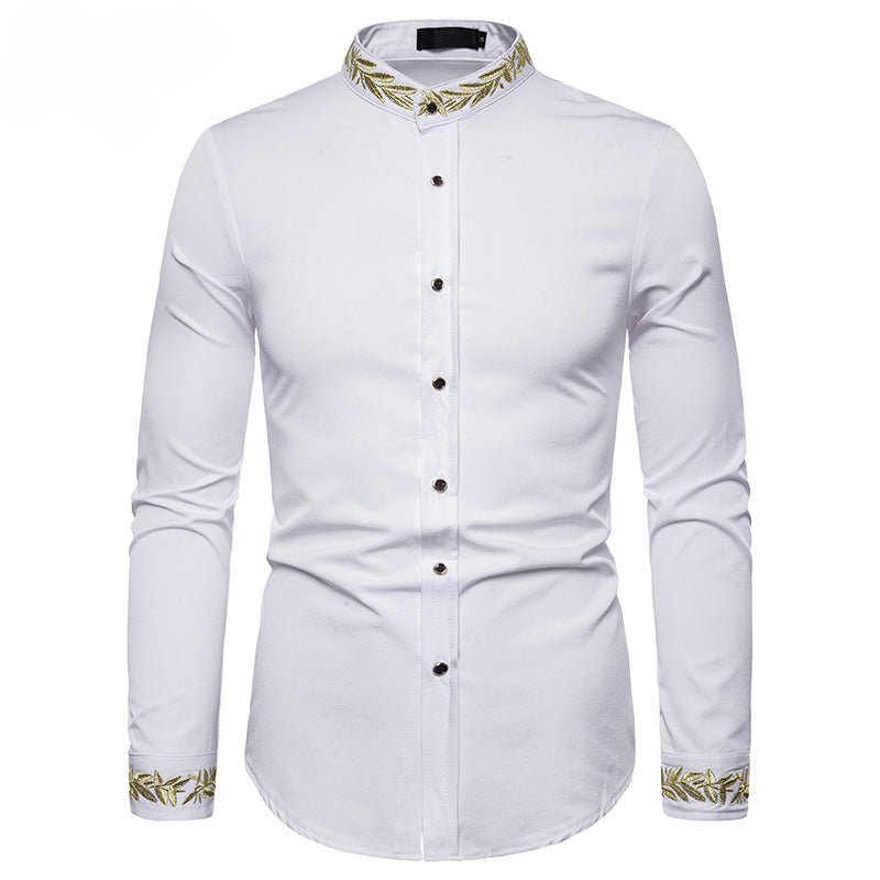 Gold Embroidery  Collar Mens Dress Shirts Casual Slim Long Sleeve Chemise Homme Camisa Masculina