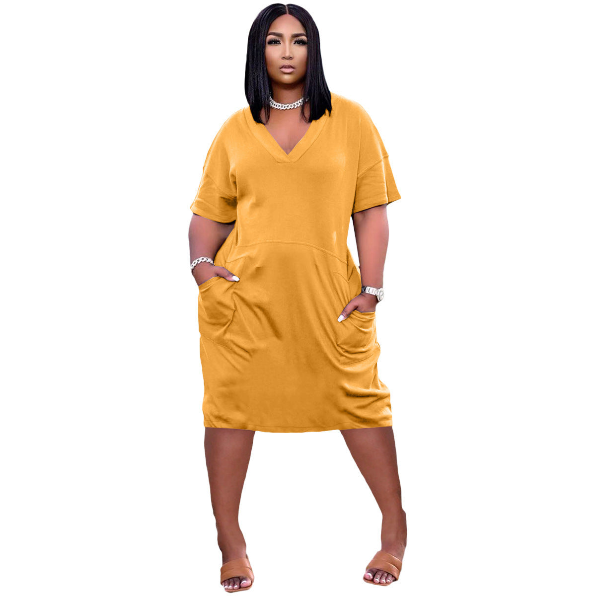Loose Color V-neck Casual Dress With Pockets