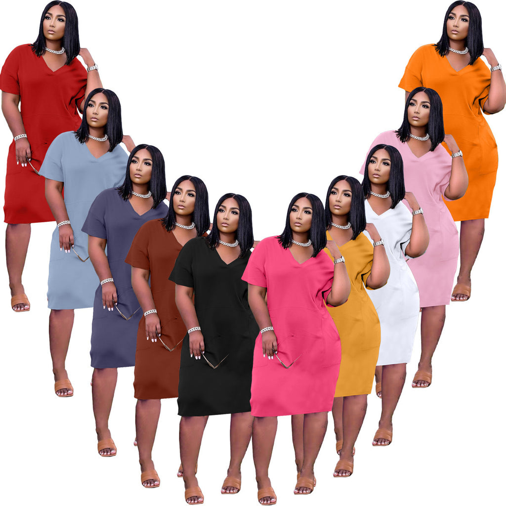 Loose Color V-neck Casual Dress With Pockets