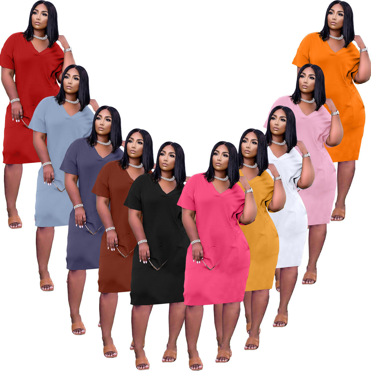 Loose Color V-neck Casual Dress With Pockets