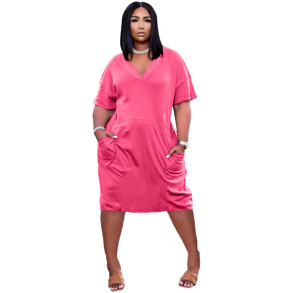 Loose Color V-neck Casual Dress With Pockets