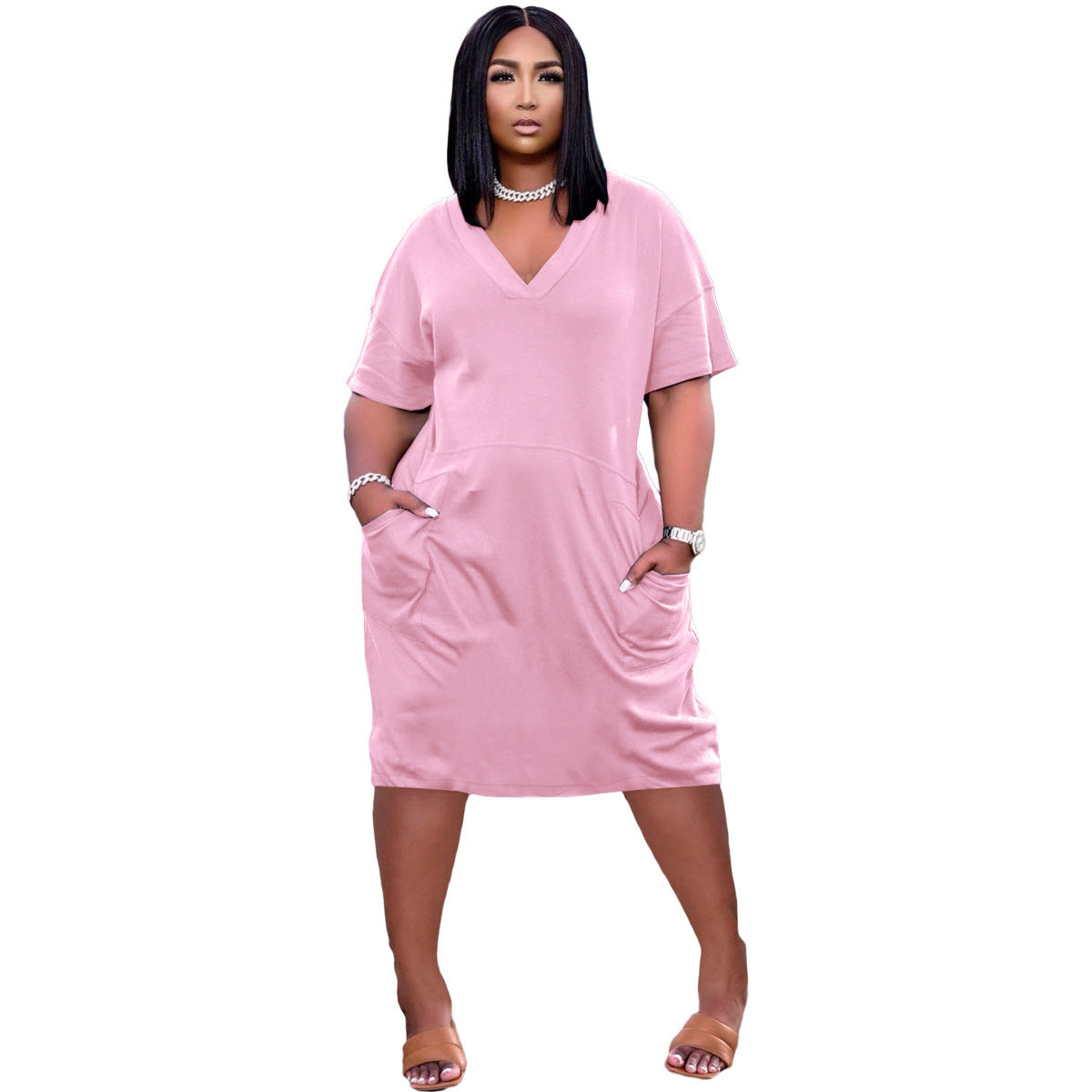 Loose Color V-neck Casual Dress With Pockets