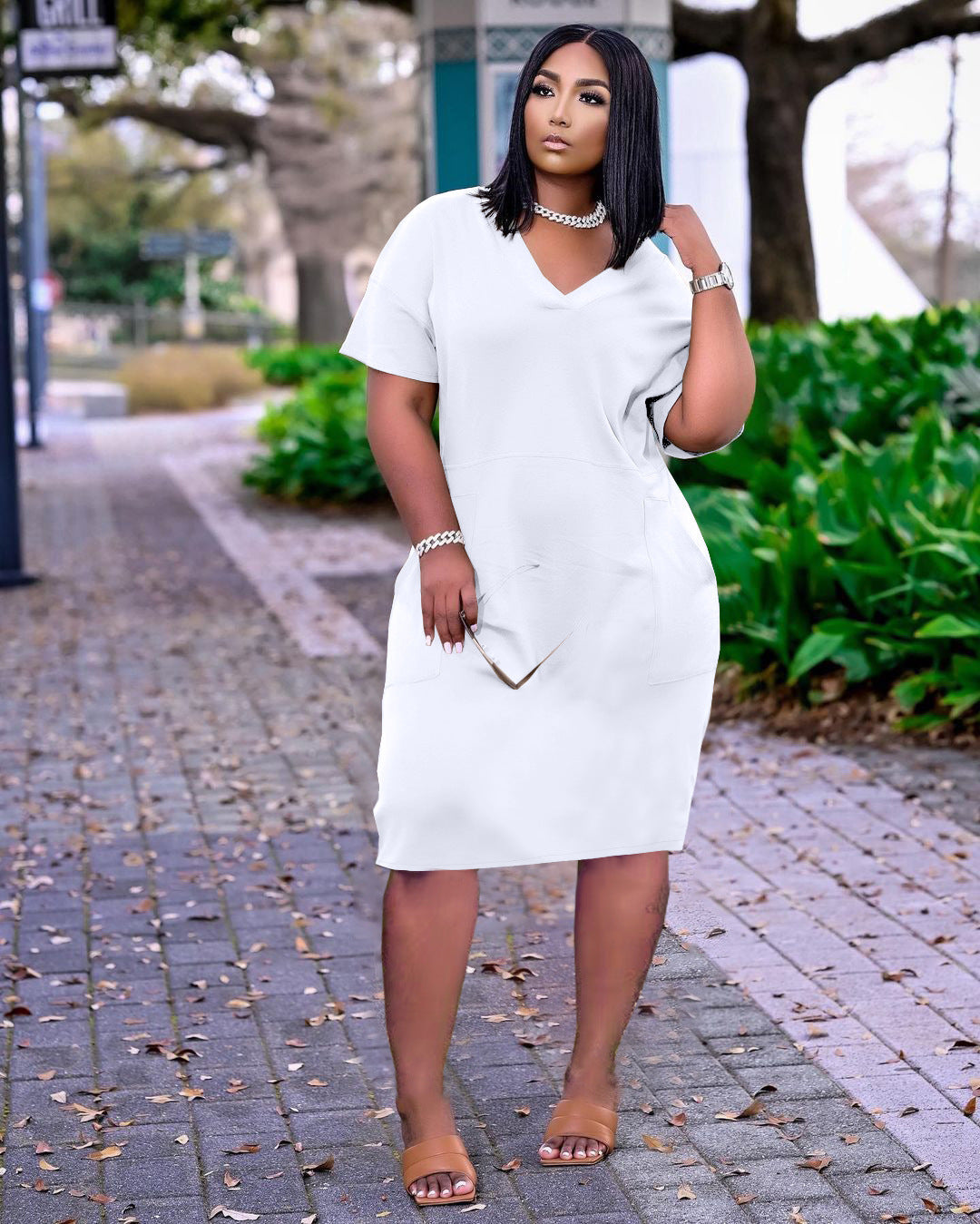 Loose Color V-neck Casual Dress With Pockets