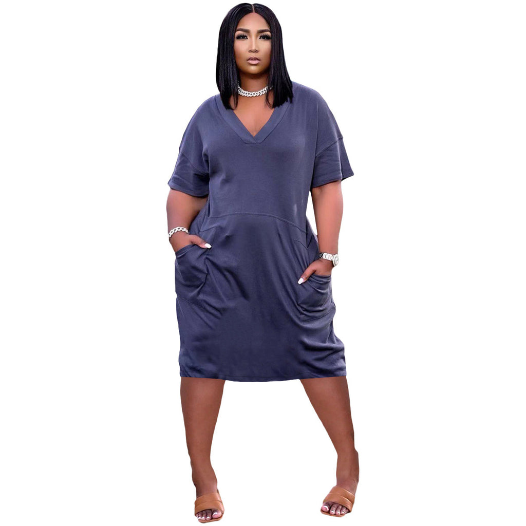 Loose Color V-neck Casual Dress With Pockets