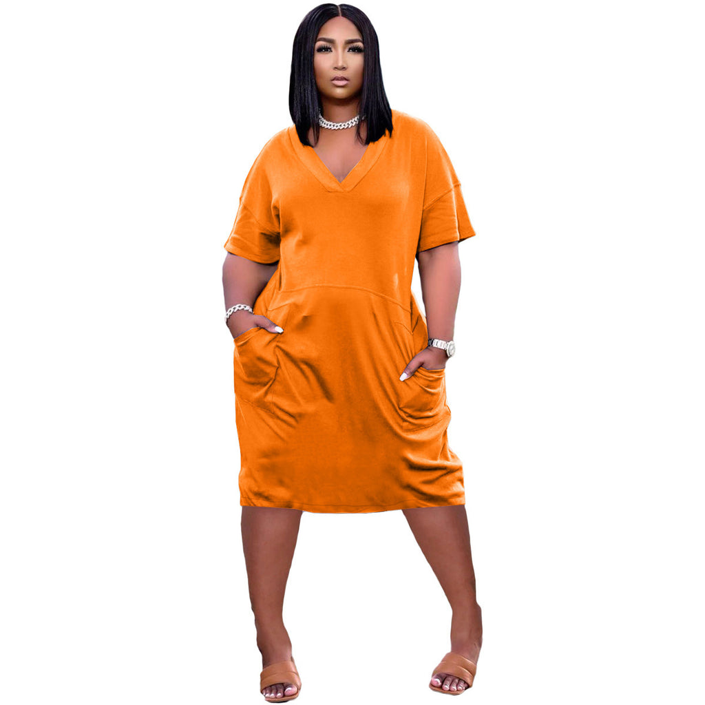 Loose Color V-neck Casual Dress With Pockets