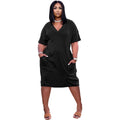 Loose Color V-neck Casual Dress With Pockets