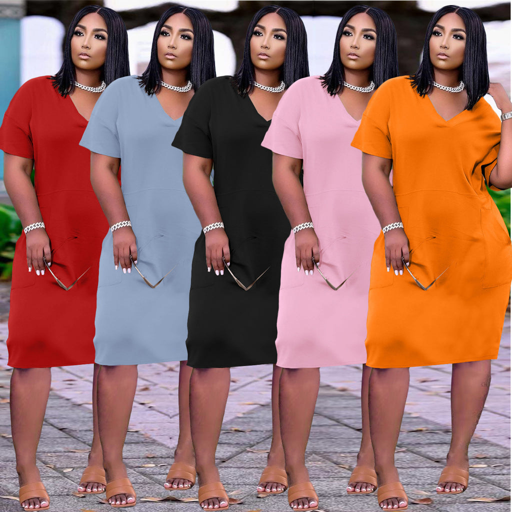 Loose Color V-neck Casual Dress With Pockets