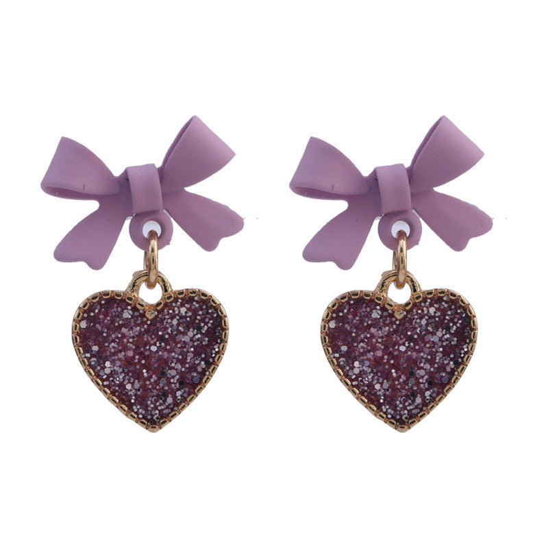 Purple Bow Sequin Love Heart Clip On Earrings