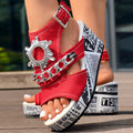 Newspaper Buckle Denim Wedge Slides - Anklet Not Included