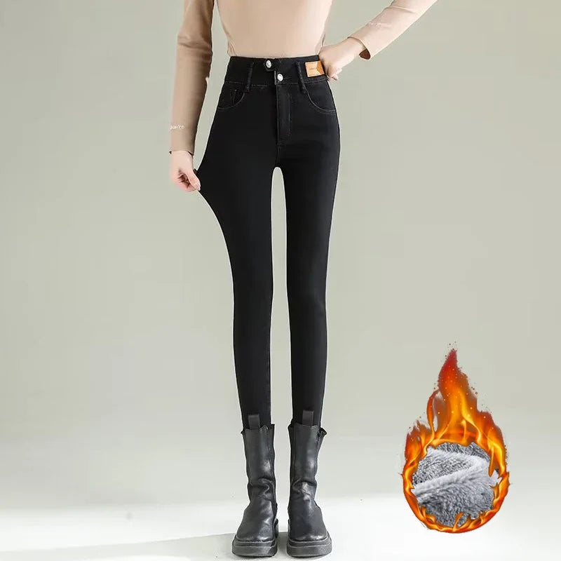 Winter Girls Fleece Thicken Straight Leg Jeans Women Snow Warm High Waist Casual Denim Trousers Lady Korean Plush Thermal Pants