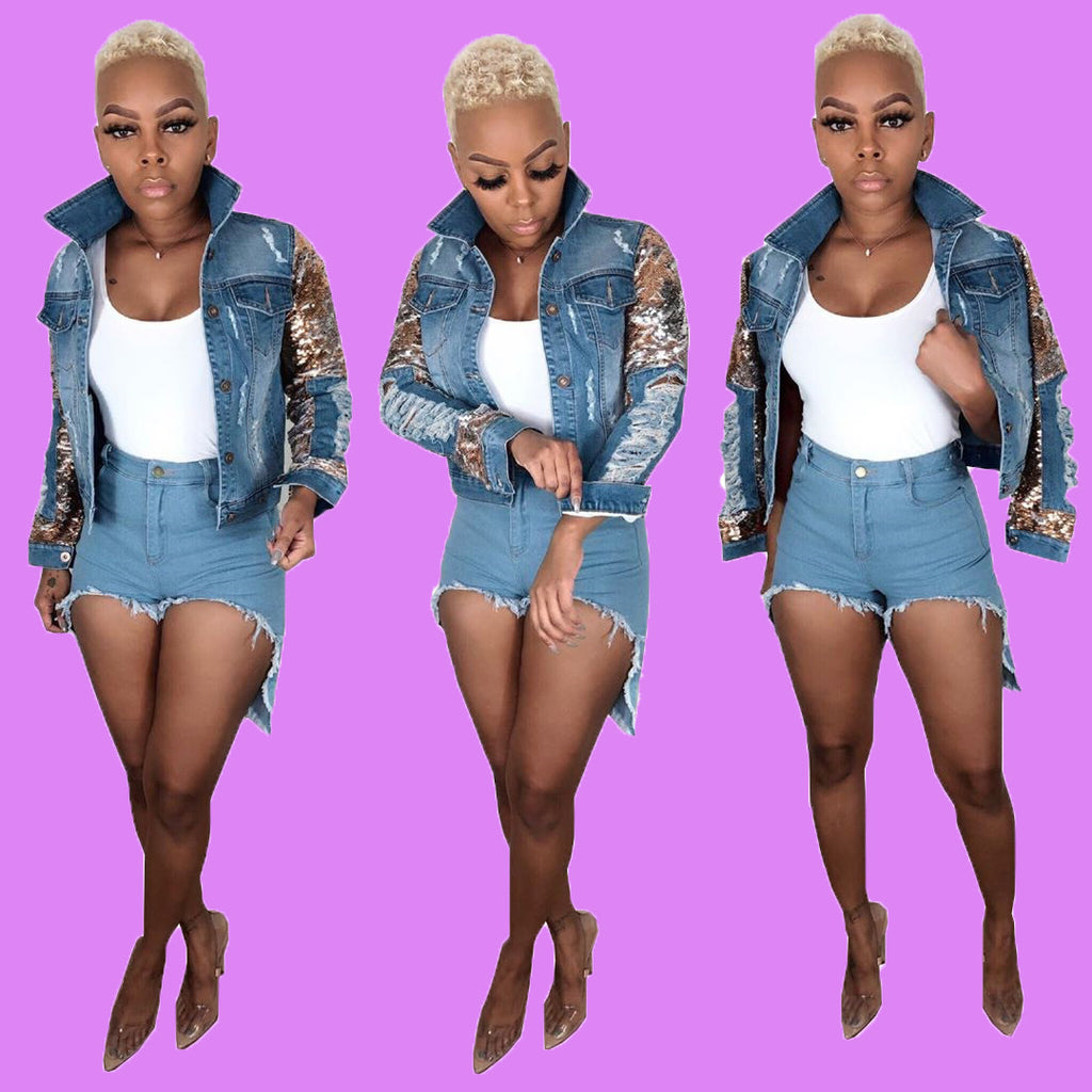 Women's Ripped Sequin Washed Denim Jacket