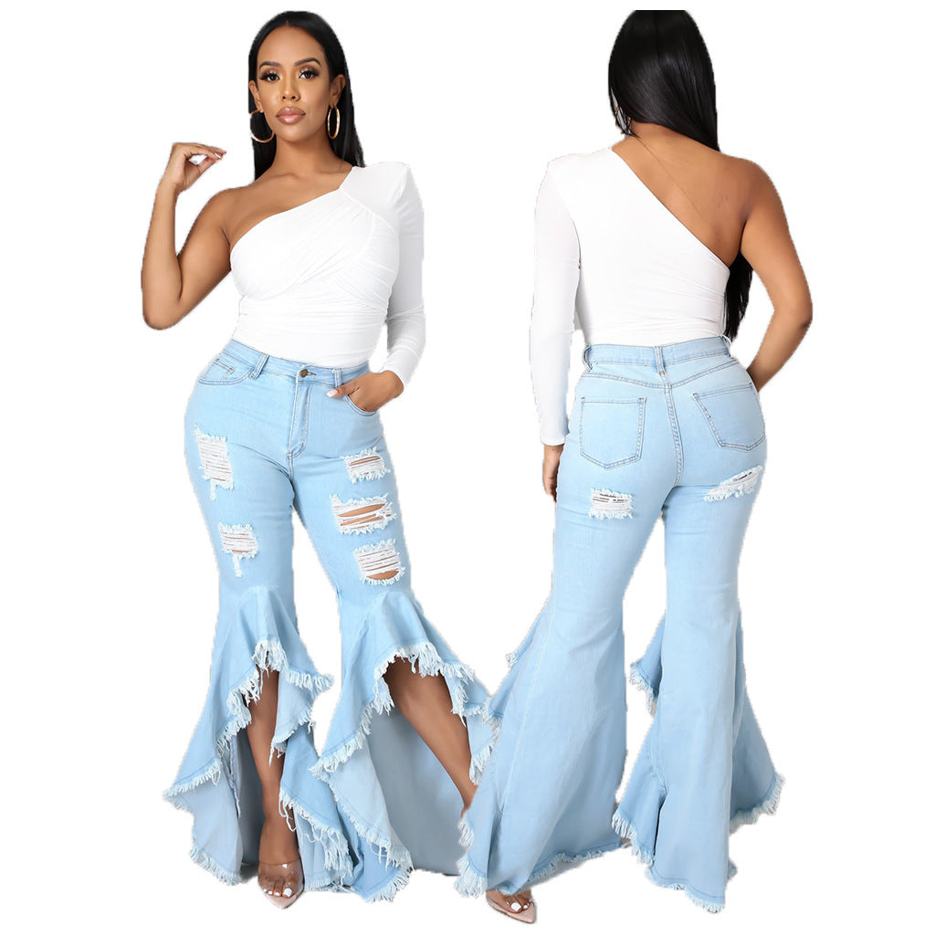 Fashion Stitching Ripped Washed Denim Stretch Slim Bell-bottom Pants