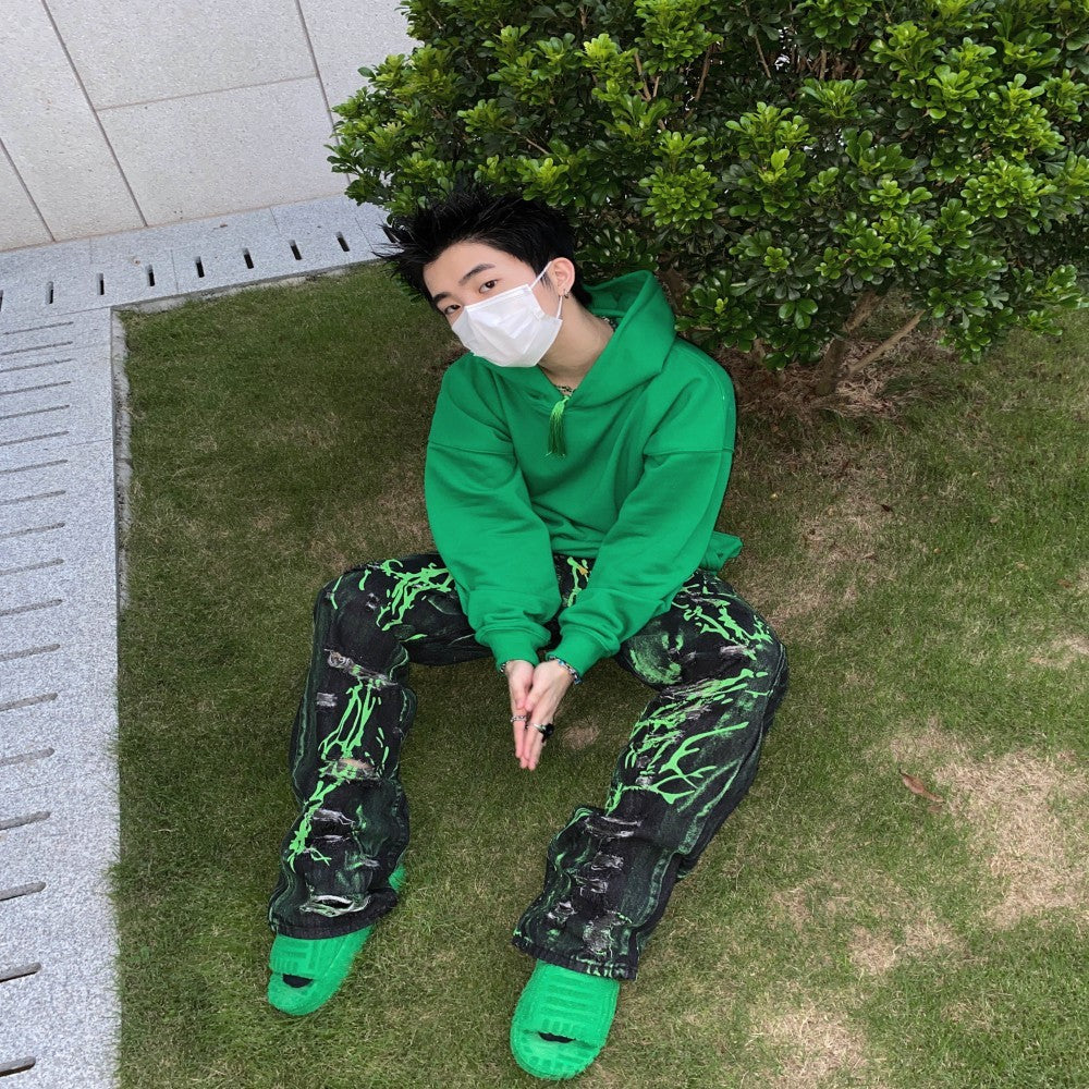 Fluorescent Green Splash-ink Make Old Ripped Washed Jeans