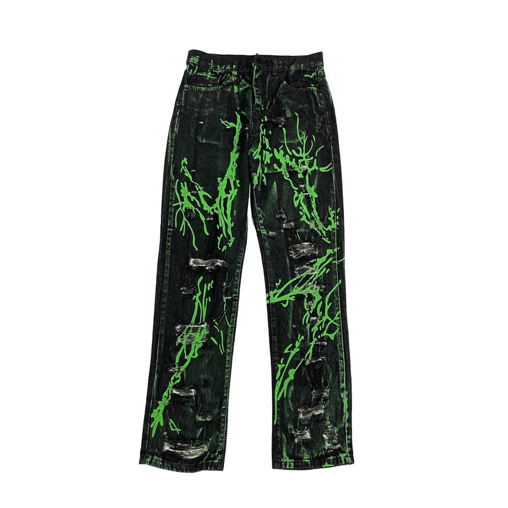 Fluorescent Green Splash-ink Make Old Ripped Washed Jeans