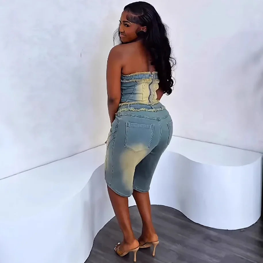 Women's Denim Suits.  Fashionable Fringed Strapless Top and High-waisted Short Jeans for Women