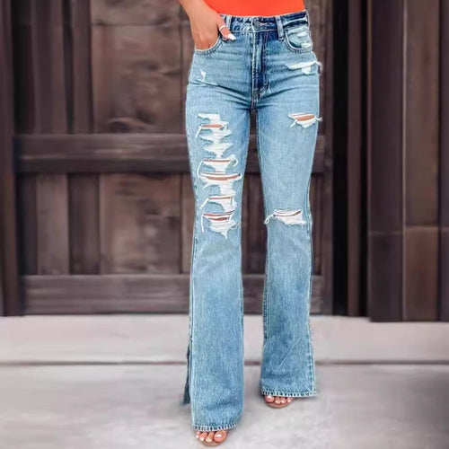 High Waist Ripped Split Stretch Jeans for Women