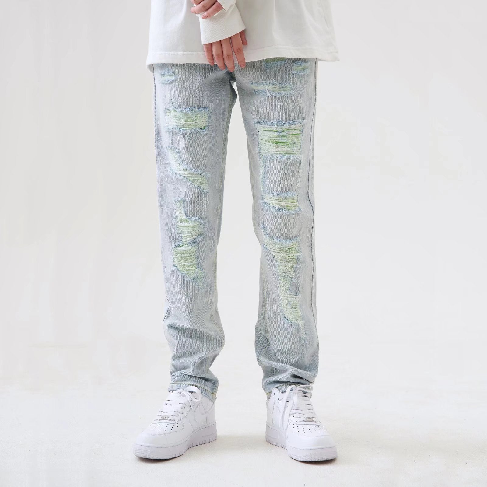 Washed High Street Straight Make Old Ripped Jeans Men