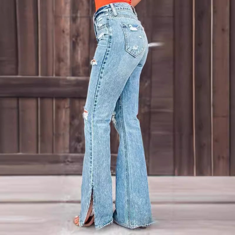 High Waist Ripped Split Stretch Jeans for Women