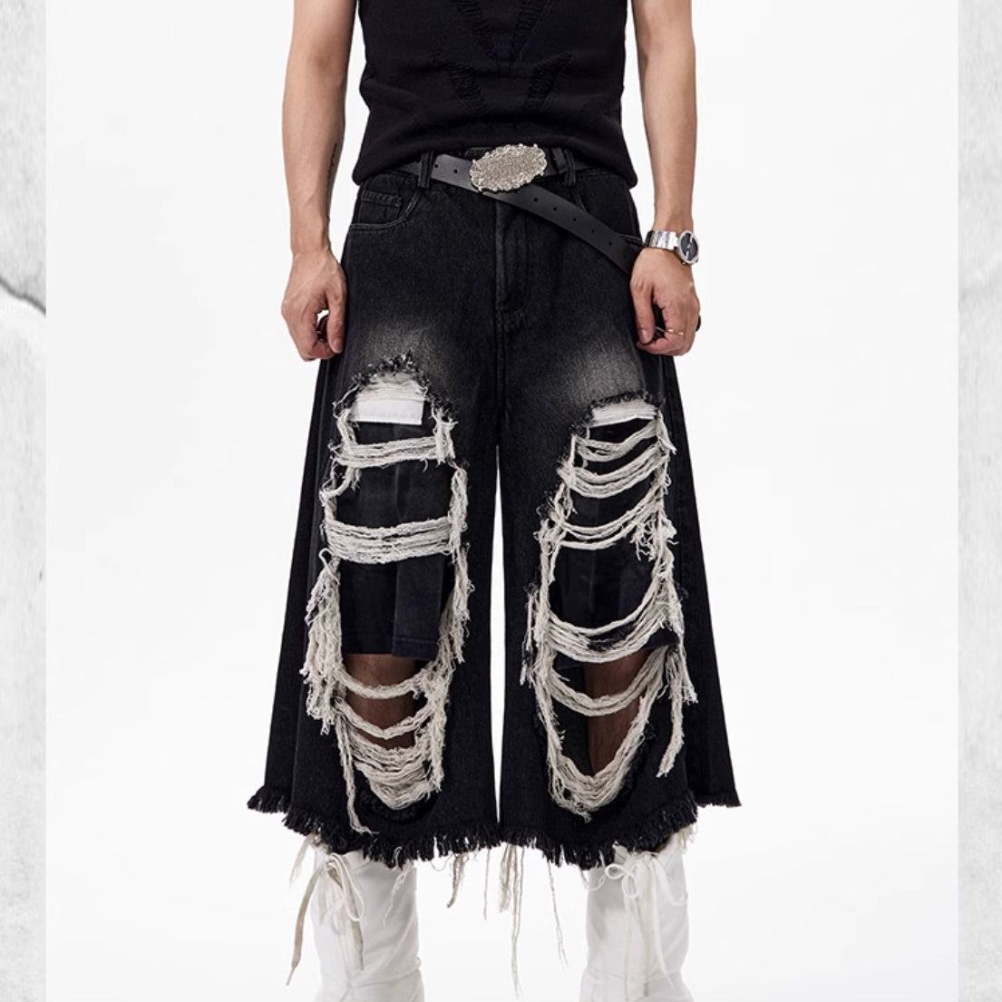 Cropped Make Old Ripped Patch Middle Pants