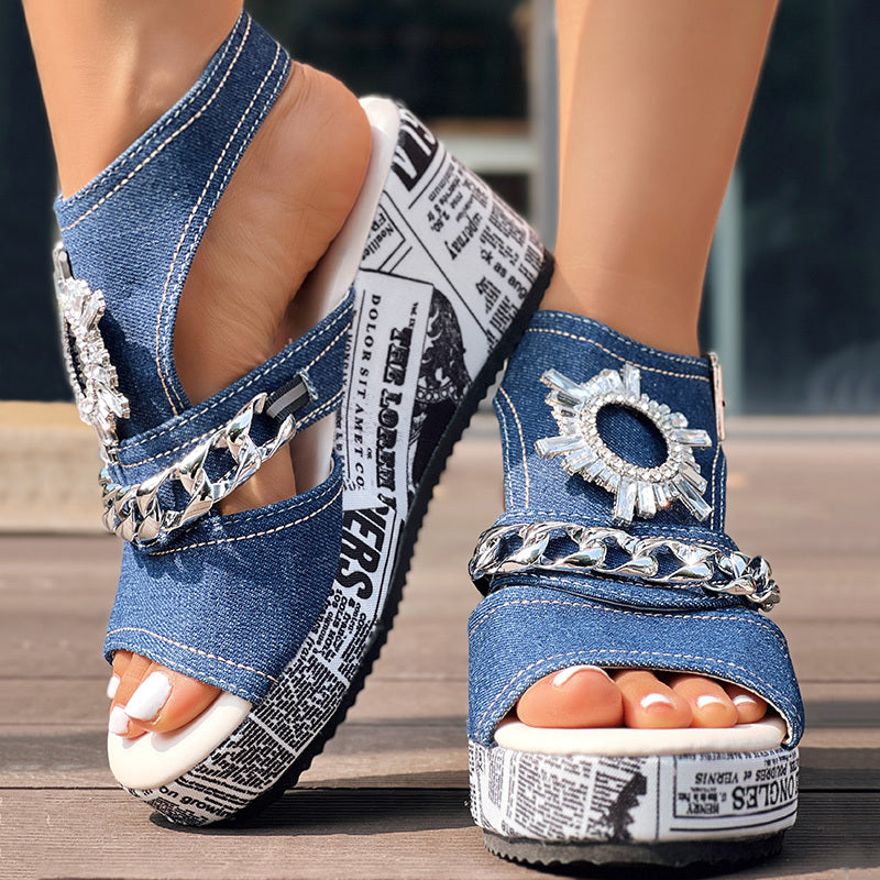 Newspaper Buckle Denim Wedge Slides - Anklet Not Included