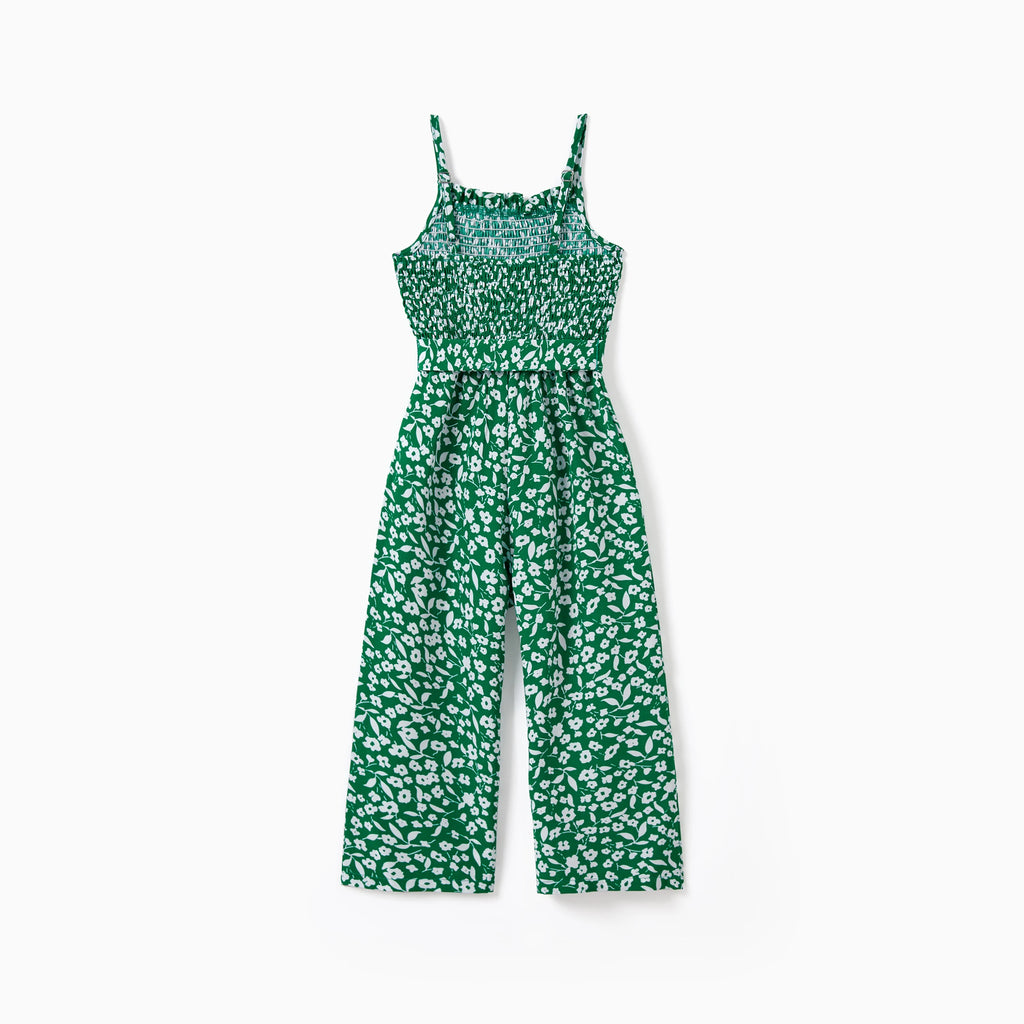 PatPat Matching Floral Print Green Smocked Strap Jumpsuits for Mommy and Me