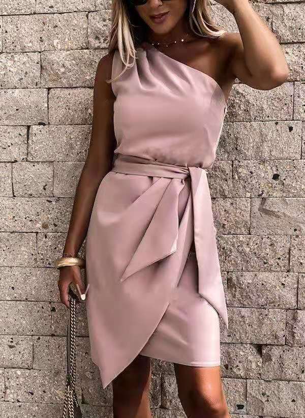 Solid Color Sleeveless Slanted Shoulder Irregular Tie Party Dress