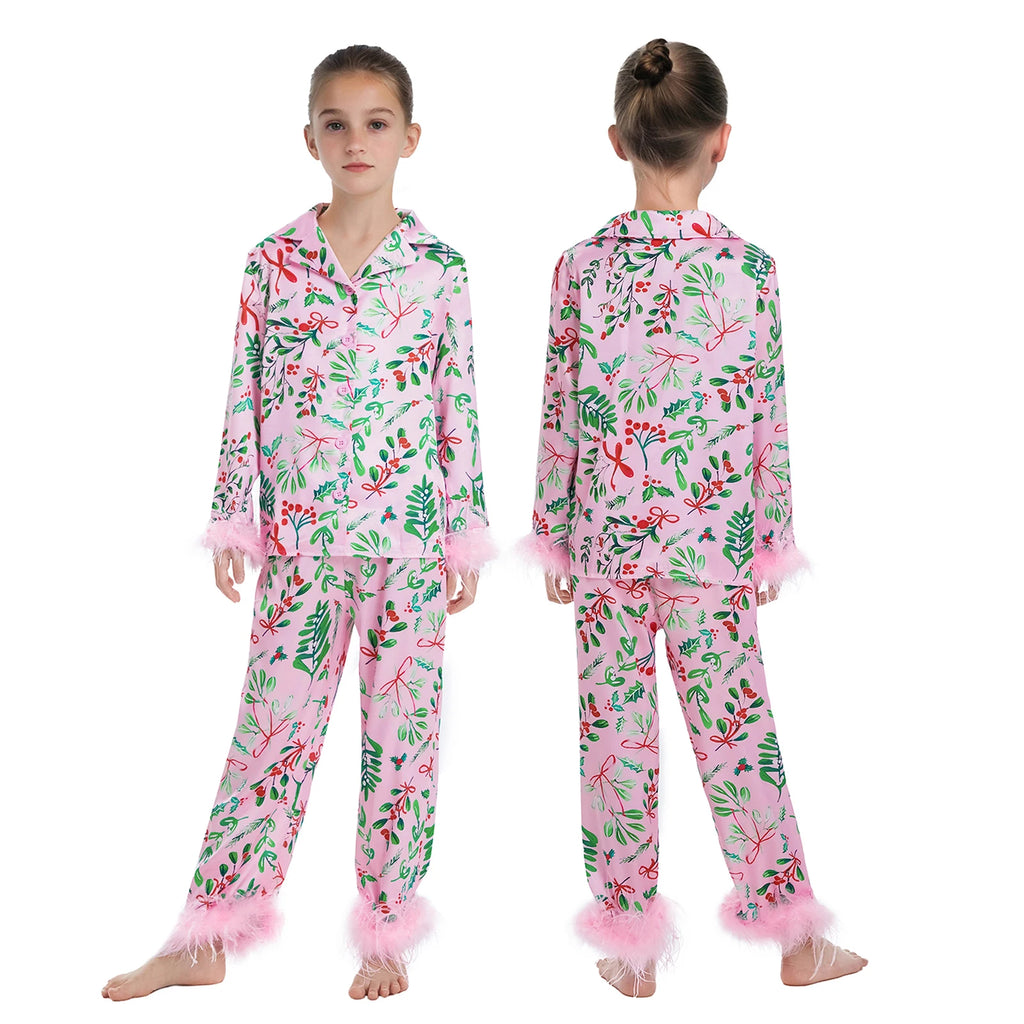 Combhasaki Mommy and Me Girls 2Pcs Pajamas Loungewear Set Feather Cuff Leaves Print Tops + Pants Suits Family Matching Sleepwear