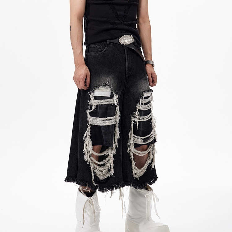 Cropped Make Old Ripped Patch Middle Pants