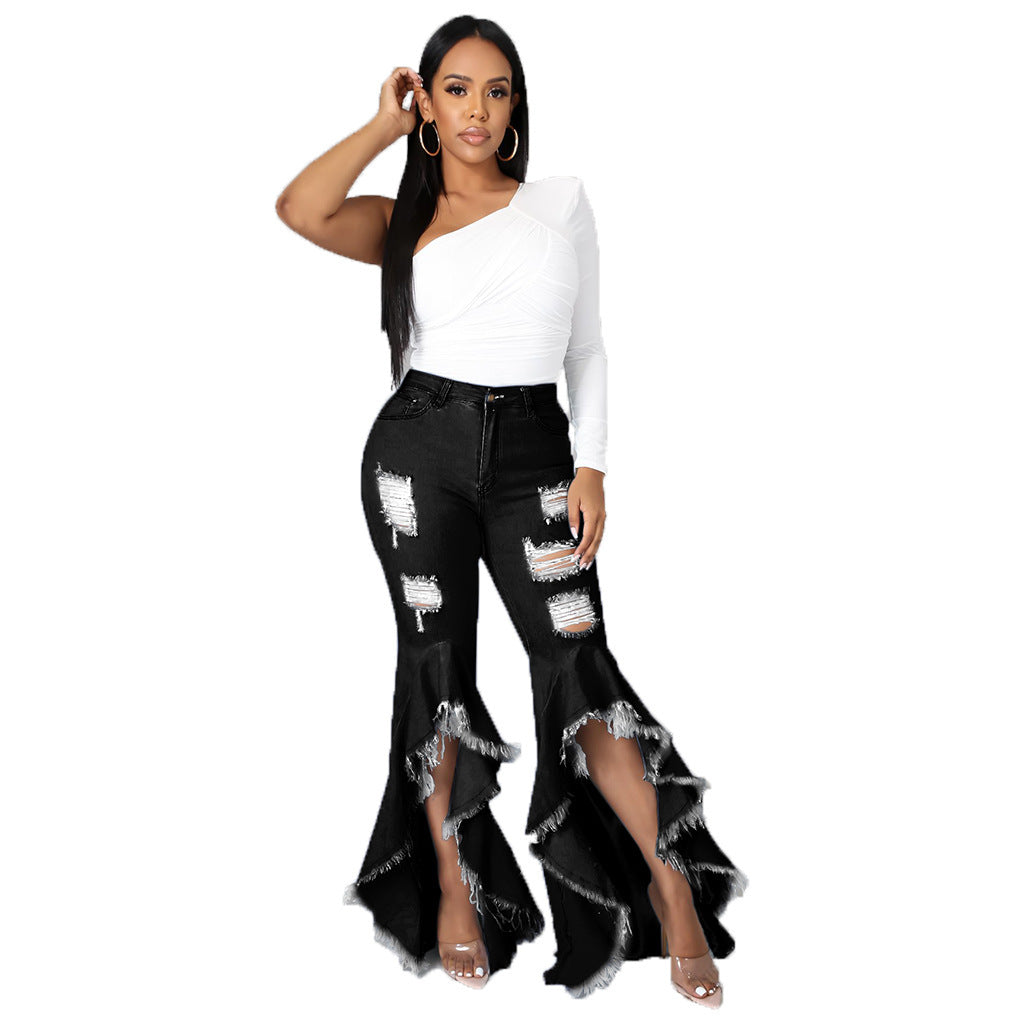 Fashion Stitching Ripped Washed Denim Stretch Slim Bell-bottom Pants