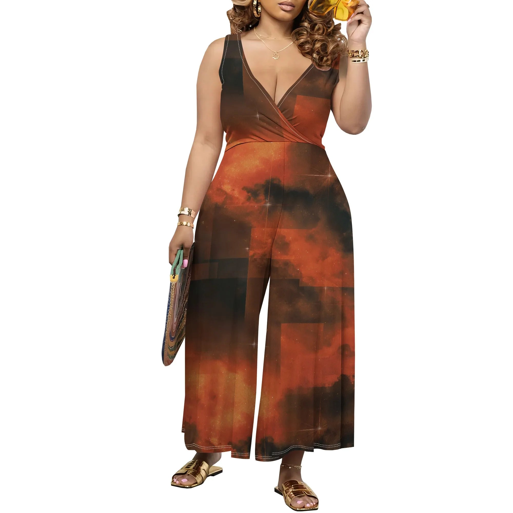 Women's Jumpsuit V Neck Floral Sleeveless Leg Wide Leg Pants Tied One Piece Casual Loose Summer Outfits Rompers