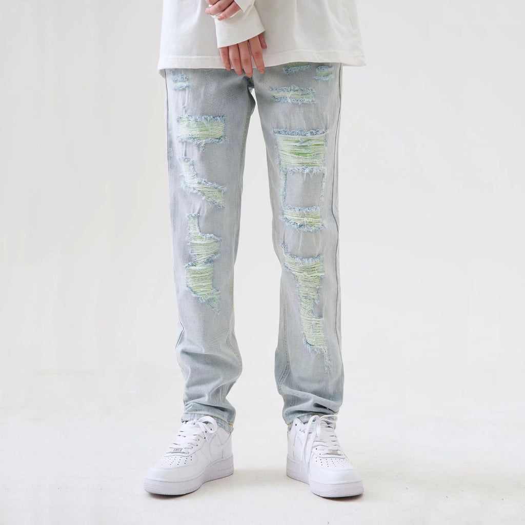 Washed High Street Straight Make Old Ripped Jeans Men