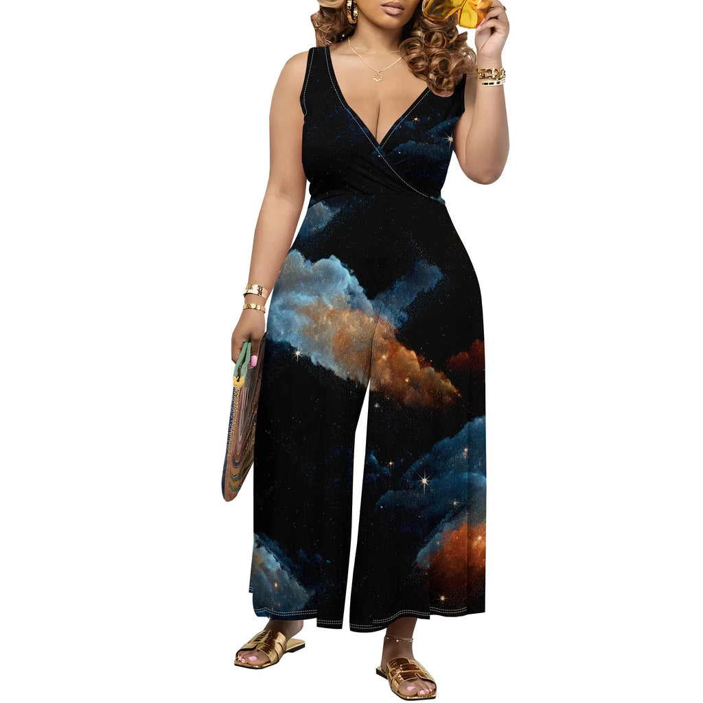 Women's Jumpsuit V Neck Floral Sleeveless Leg Wide Leg Pants Tied One Piece Casual Loose Summer Outfits Rompers